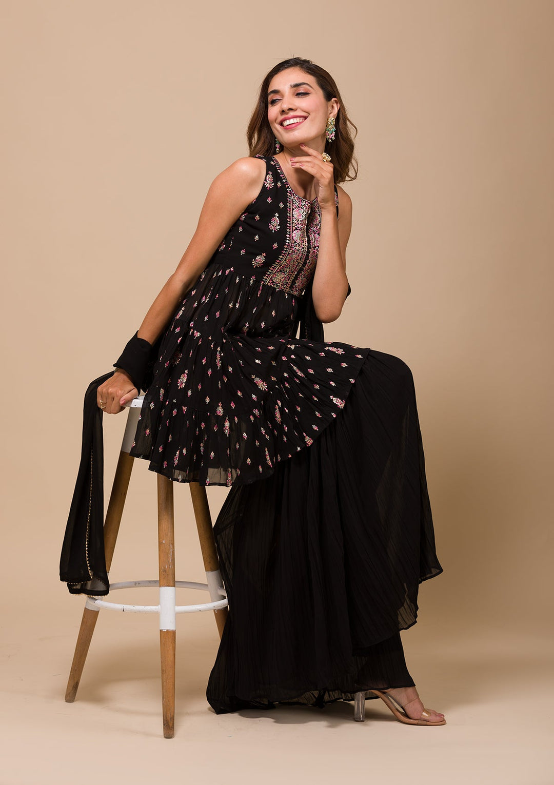 Black Threadwork Georgette Readymade Salwar Kameez-Koskii