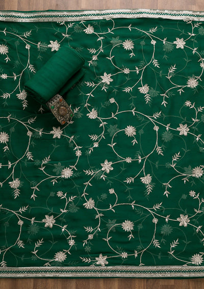 Bottle Green Swarovski Georgette Unstitched Salwar Suit-Koskii