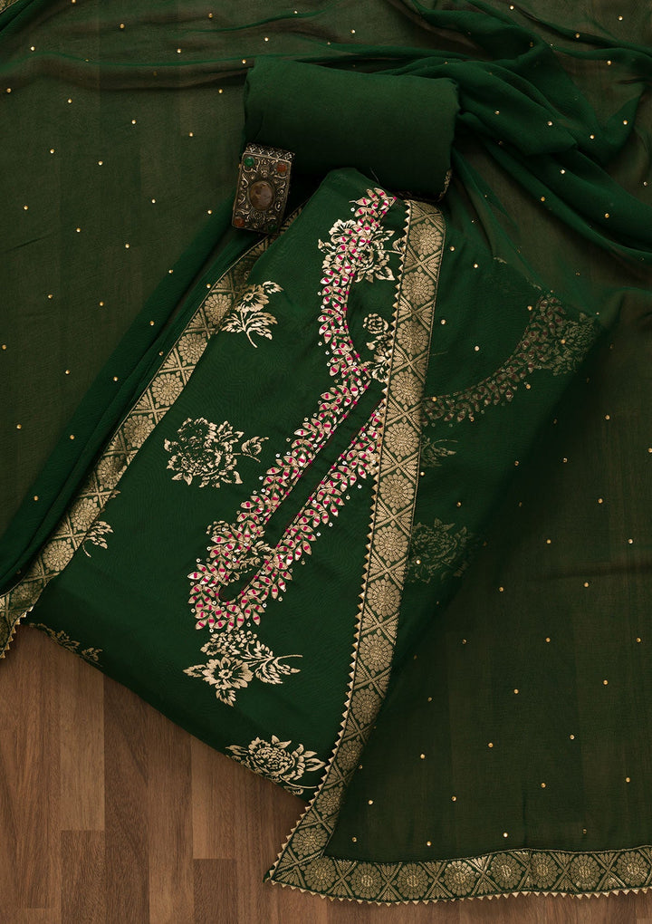 Bottle Green Gotapatti Organza Unstitched Salwar Kameez-Koskii