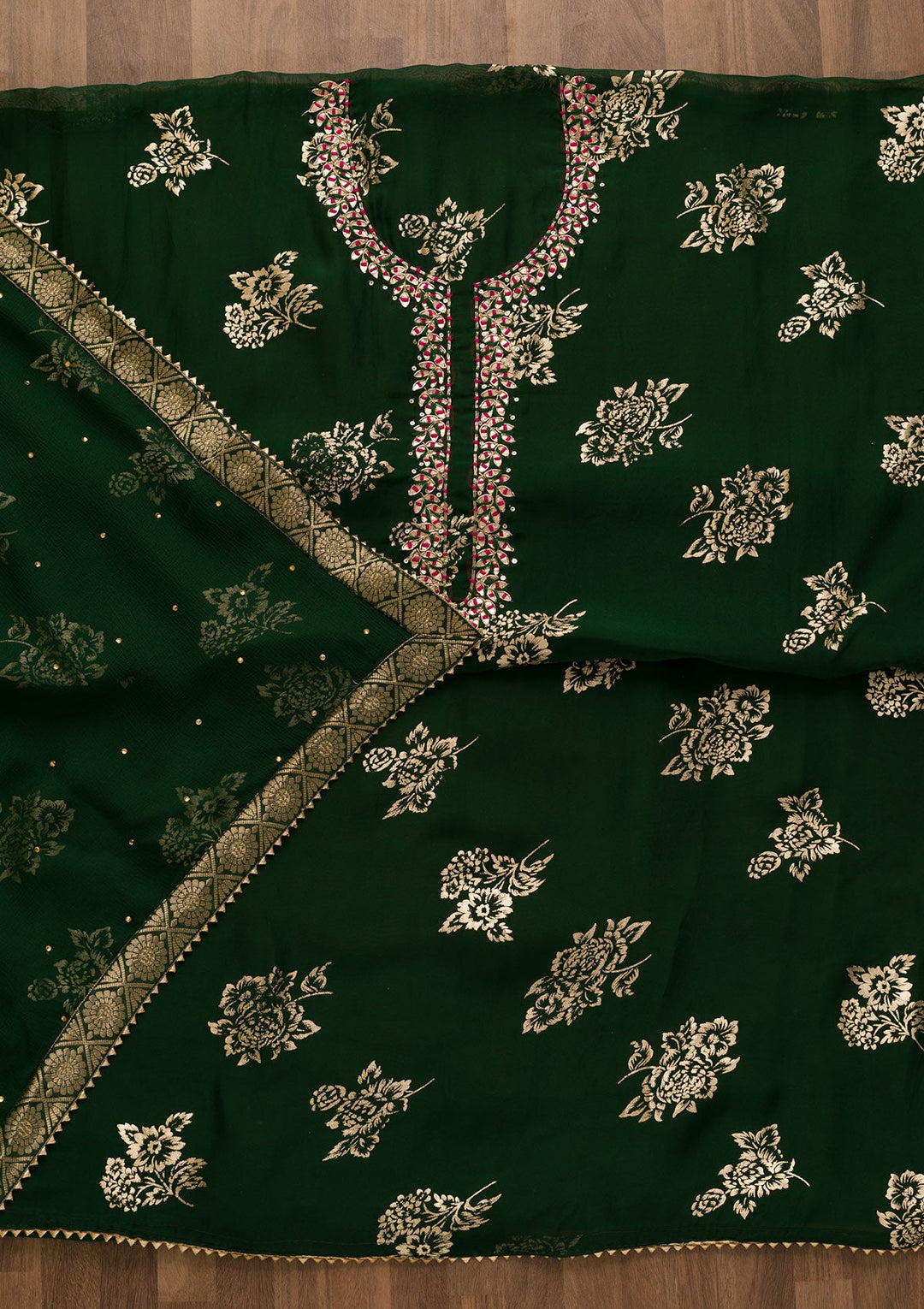 Bottle Green Gotapatti Organza Unstitched Salwar Kameez-Koskii