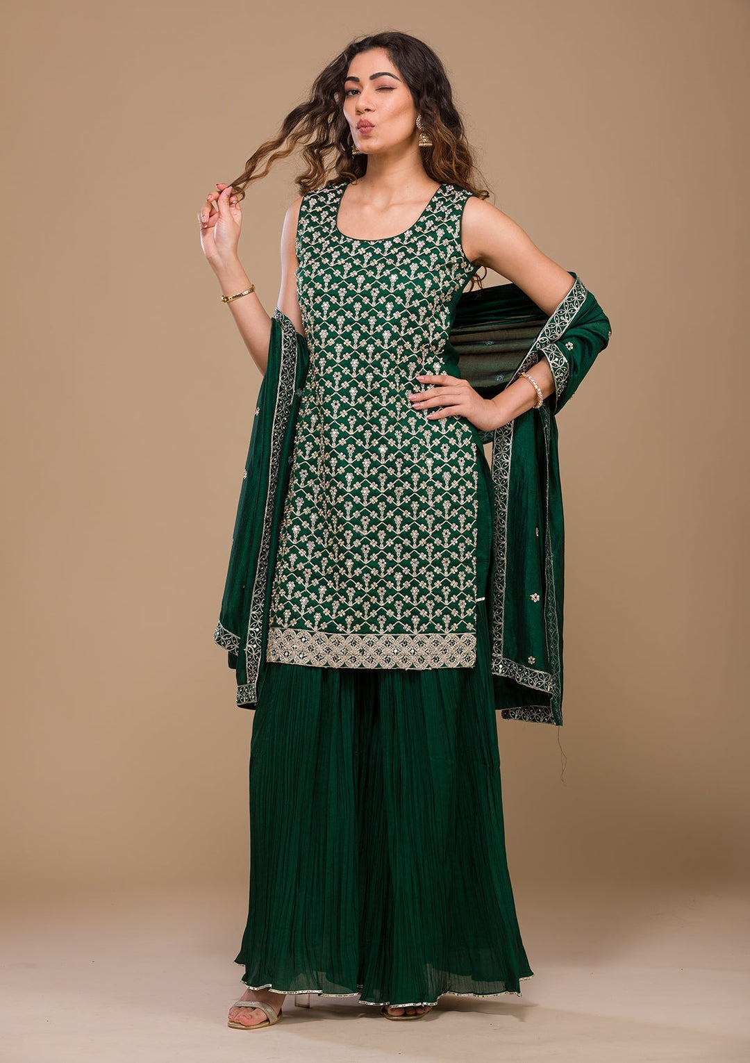Bottle Green Zariwork Raw Silk Readymade Salwar Kameez-Koskii