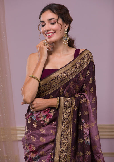 Rani Pink Zari Work Raw Silk Designer Saree-Koskii
