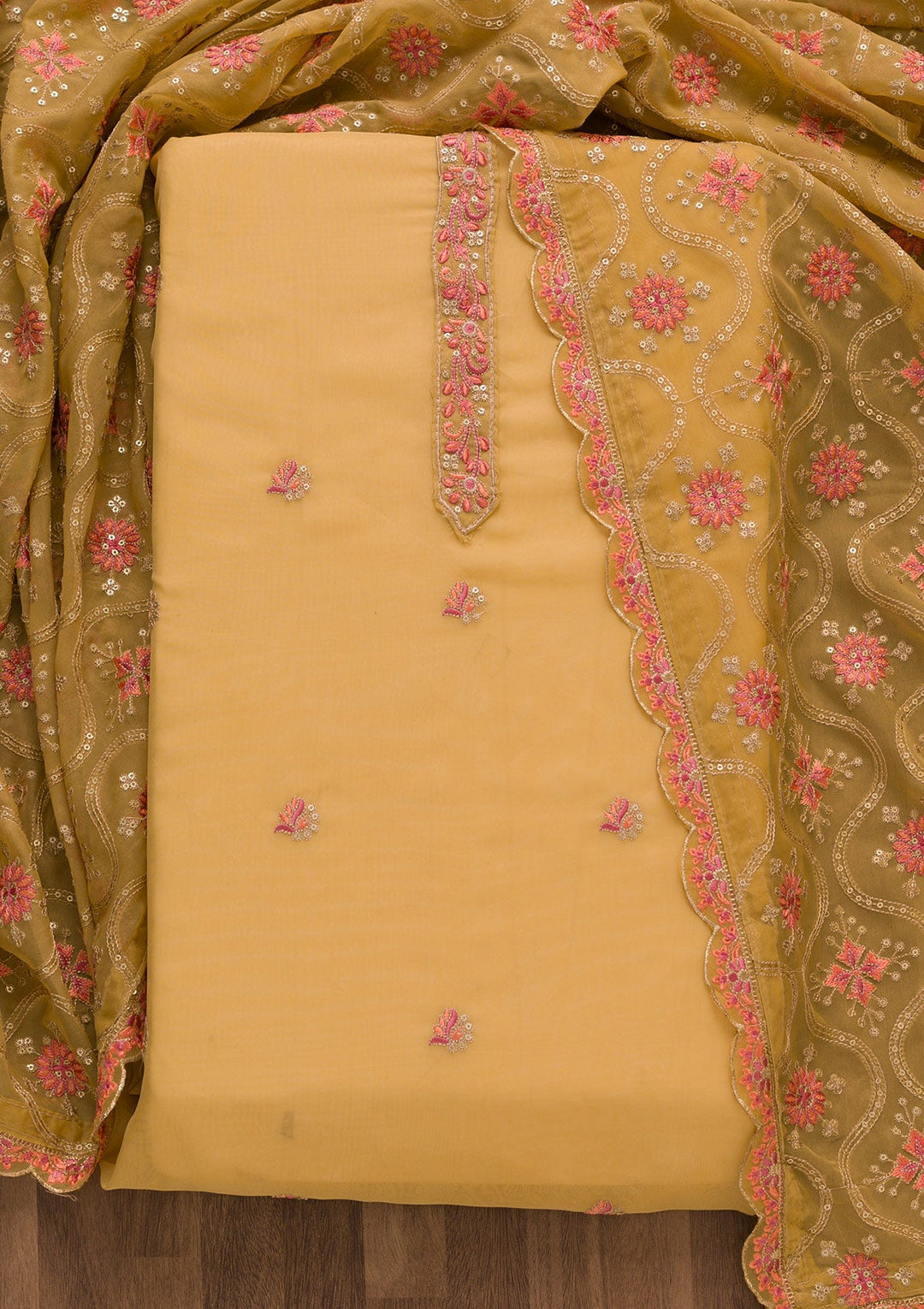 Brown Threadwork Tissue Unstitched Salwar Suit-Koskii