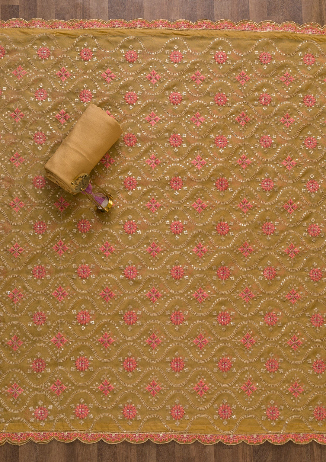 Brown Threadwork Tissue Unstitched Salwar Suit-Koskii