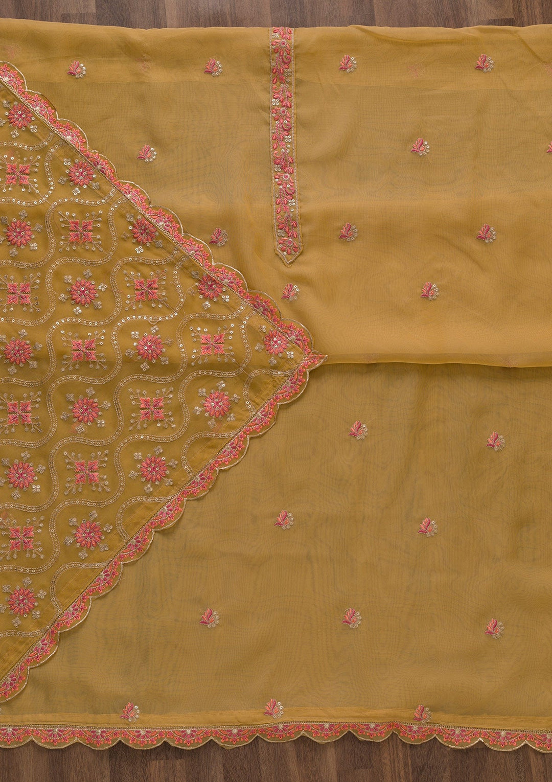 Brown Threadwork Tissue Unstitched Salwar Suit-Koskii