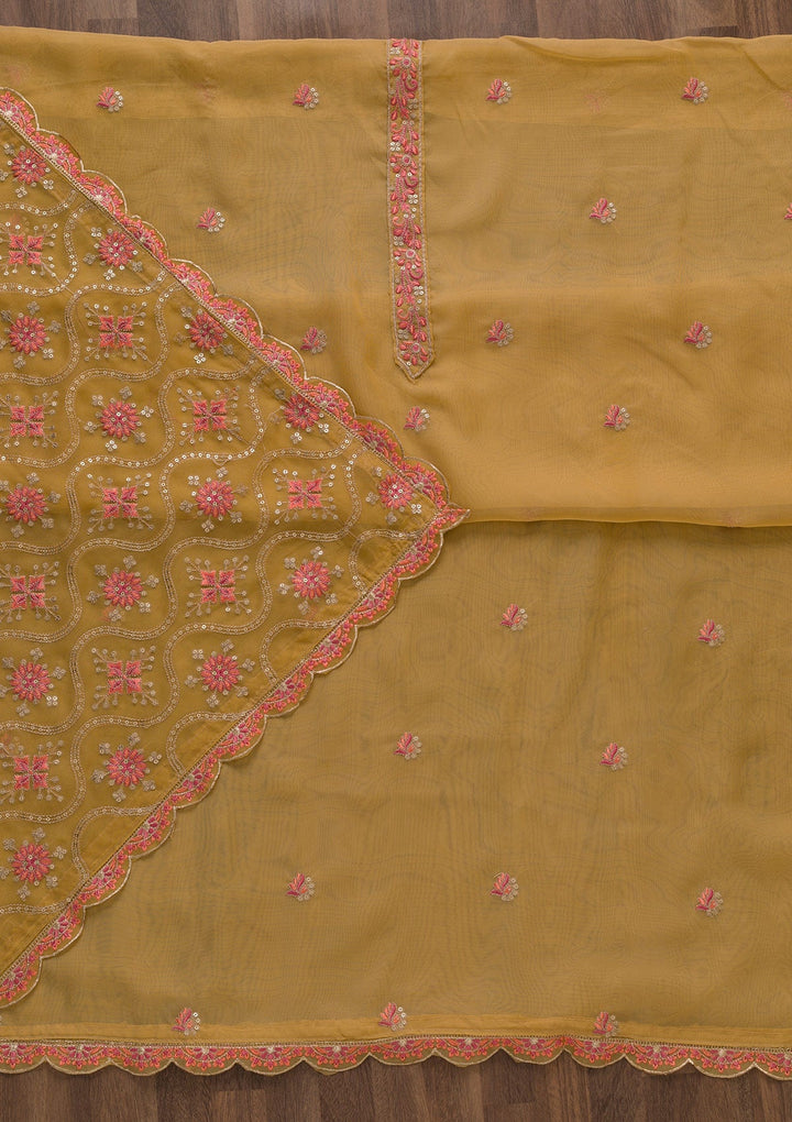 Brown Threadwork Tissue Unstitched Salwar Suit-Koskii