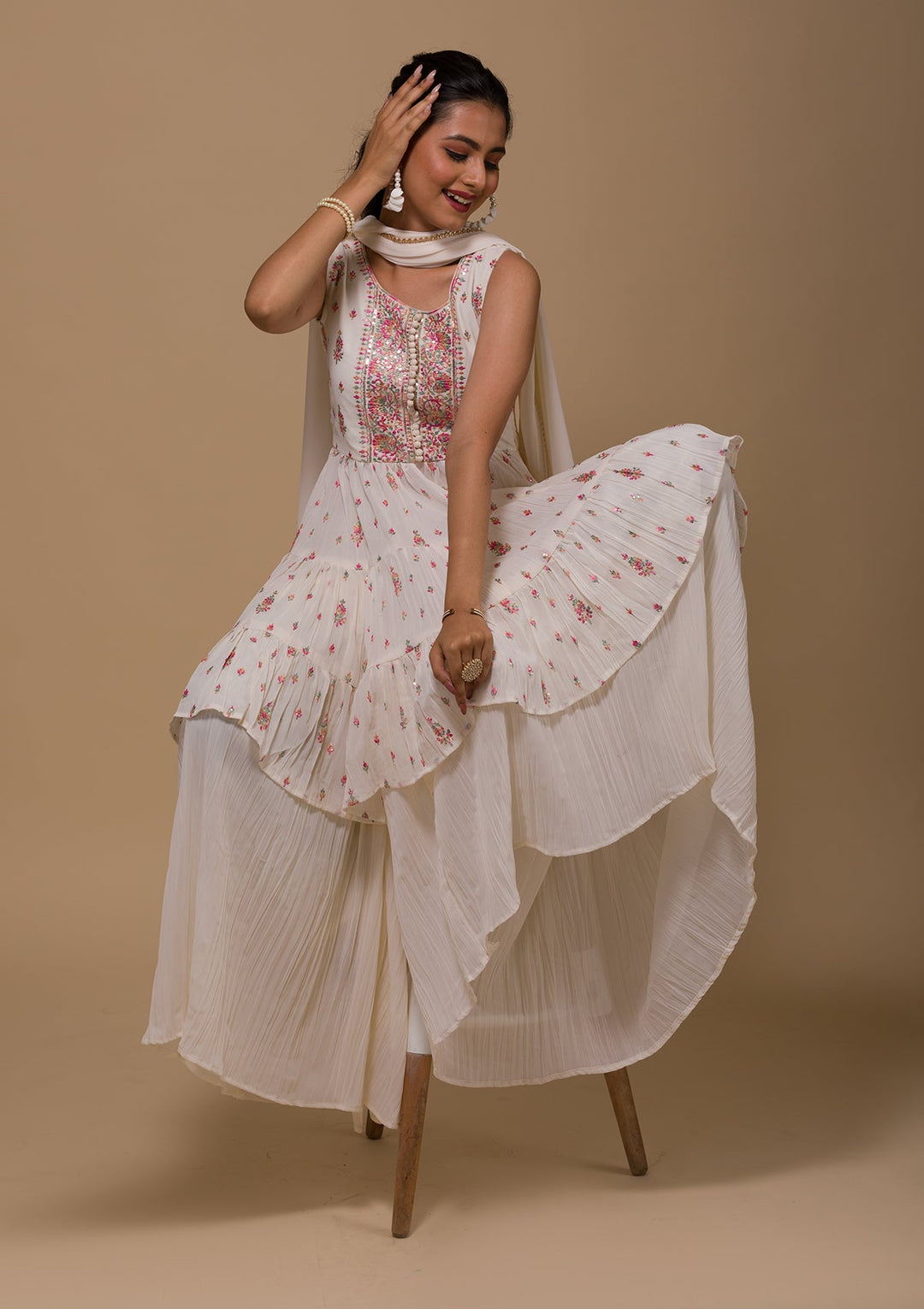 Cream Threadwork Georgette Readymade Salwar Kameez-Koskii