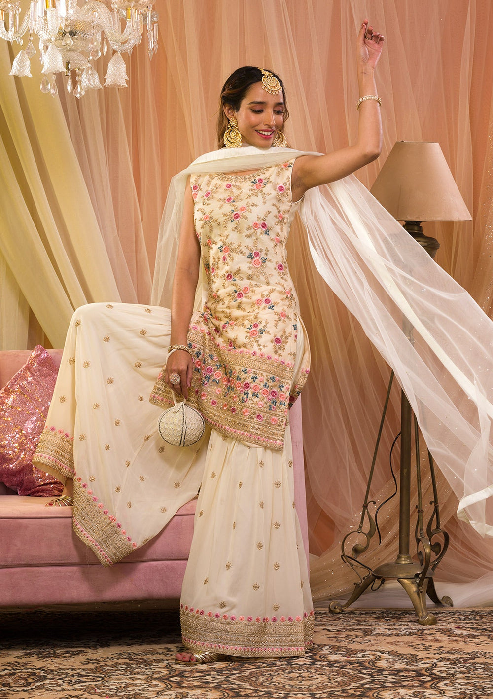 Cream Zariwork Net Readymade Salwar Kameez-Koskii