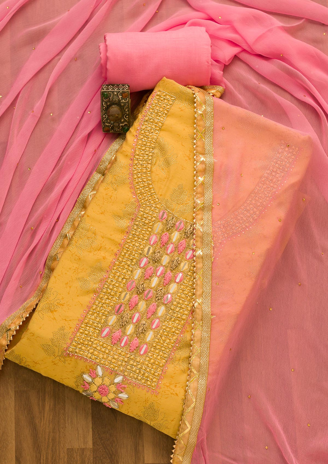 Gold Cutdana Semi Crepe Unstitched Salwar Kameez-Koskii