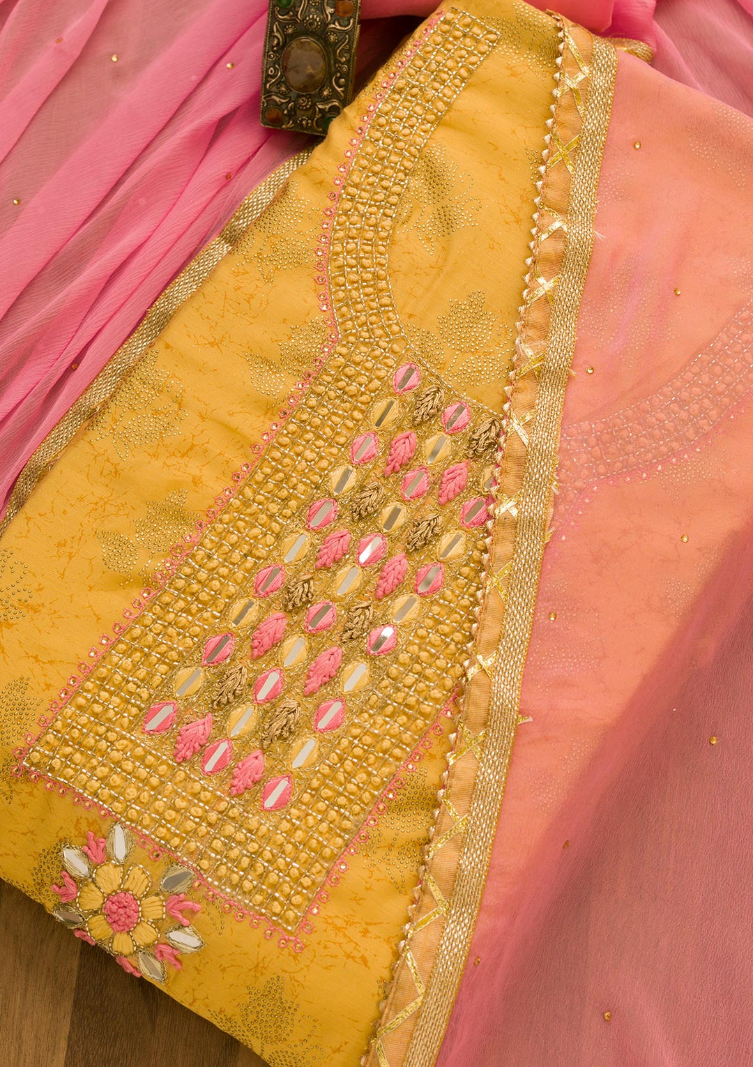 Gold Cutdana Semi Crepe Unstitched Salwar Kameez-Koskii