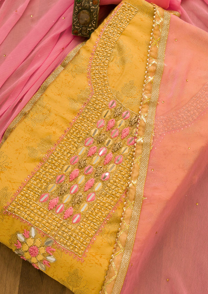 Gold Cutdana Semi Crepe Unstitched Salwar Kameez-Koskii