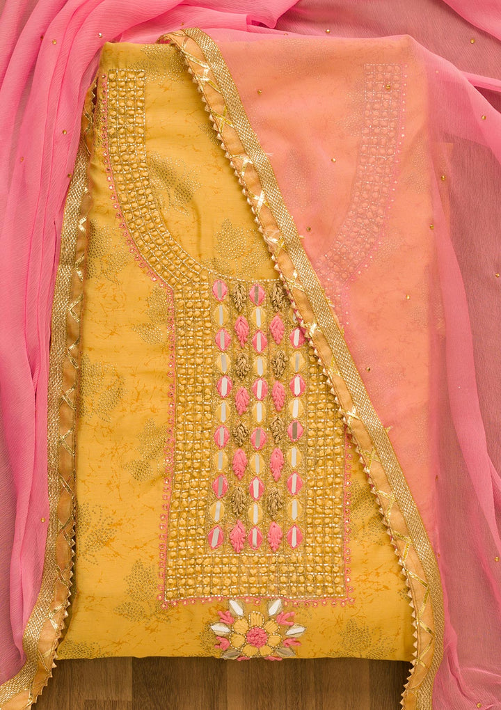 Gold Cutdana Semi Crepe Unstitched Salwar Kameez-Koskii