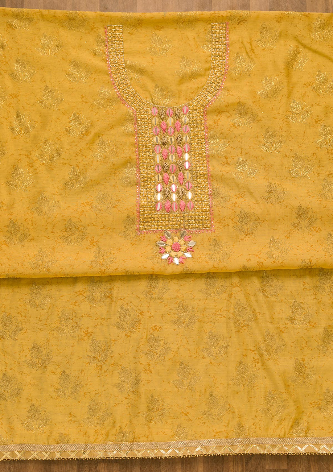Gold Cutdana Semi Crepe Unstitched Salwar Kameez-Koskii