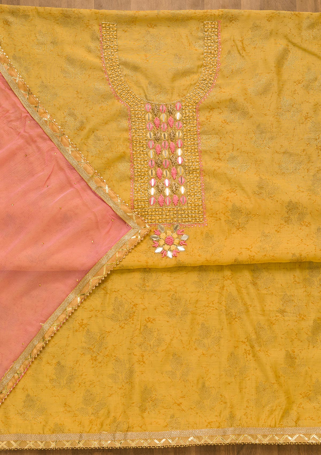 Gold Cutdana Semi Crepe Unstitched Salwar Kameez-Koskii