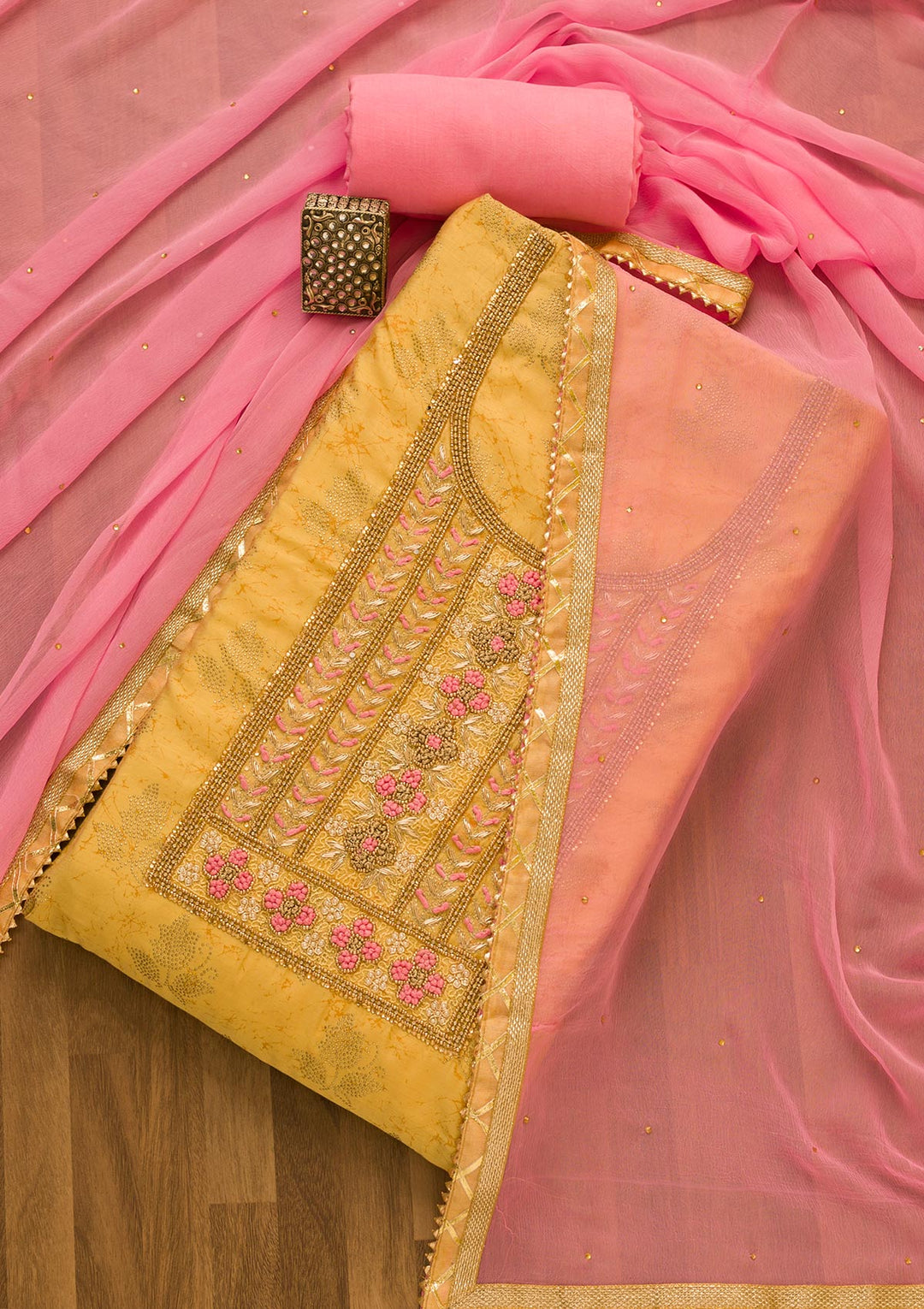 Gold Pearlwork Semi Crepe Unstitched Salwar Kameez-Koskii