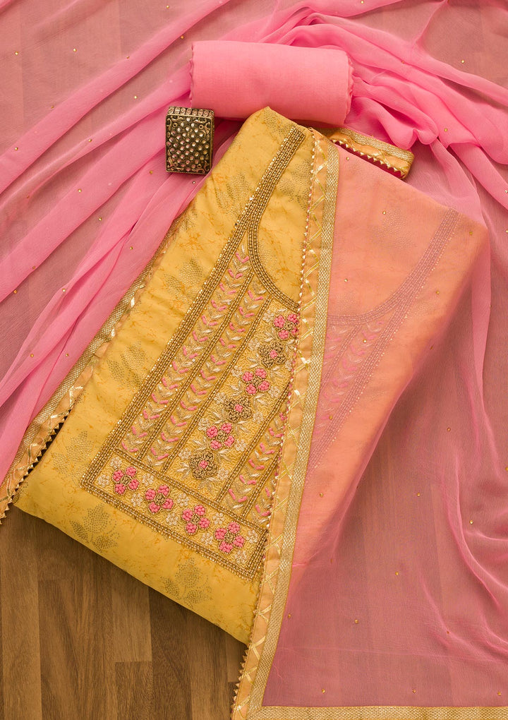 Gold Pearlwork Semi Crepe Unstitched Salwar Kameez-Koskii