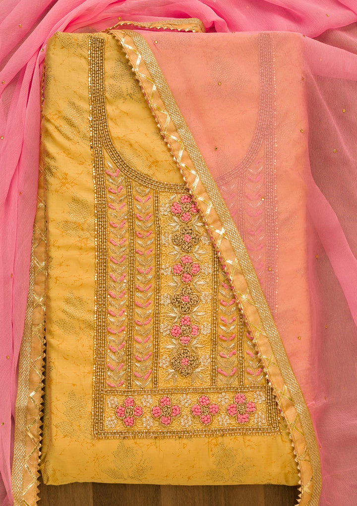 Gold Pearlwork Semi Crepe Unstitched Salwar Kameez-Koskii