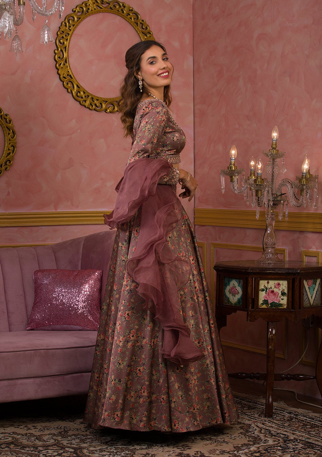 Lavender Printed Semi Crepe Readymade Lehenga-Koskii