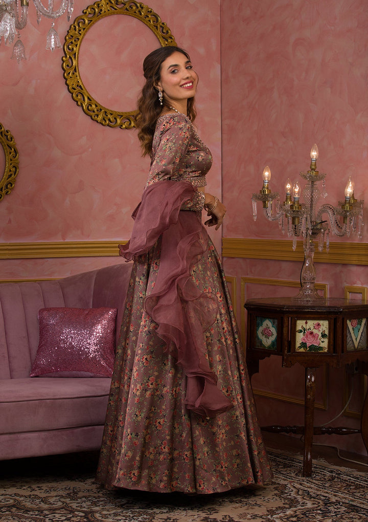 Lavender Printed Semi Crepe Readymade Lehenga-Koskii