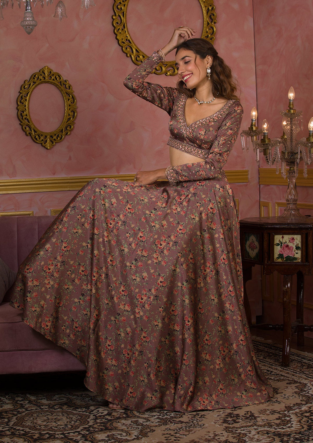 Lavender Printed Semi Crepe Readymade Lehenga-Koskii