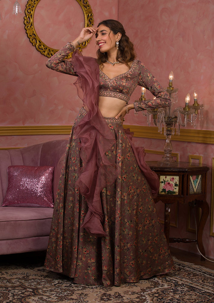 Lavender Printed Semi Crepe Readymade Lehenga-Koskii