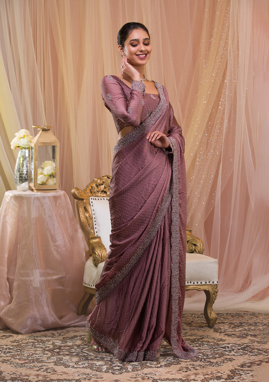 Lavender Silver Stonework Crepe Saree-Koskii