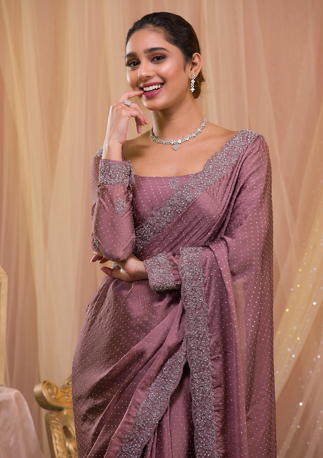 Lavender Silver Stonework Crepe Saree-Koskii