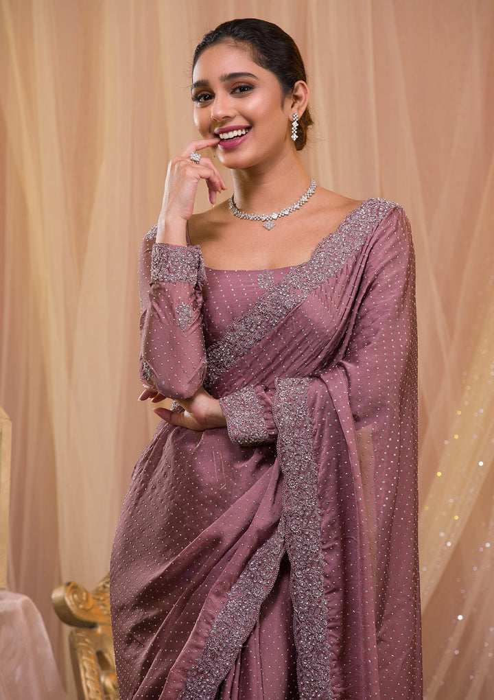 Lavender Silver Stonework Crepe Saree-Koskii