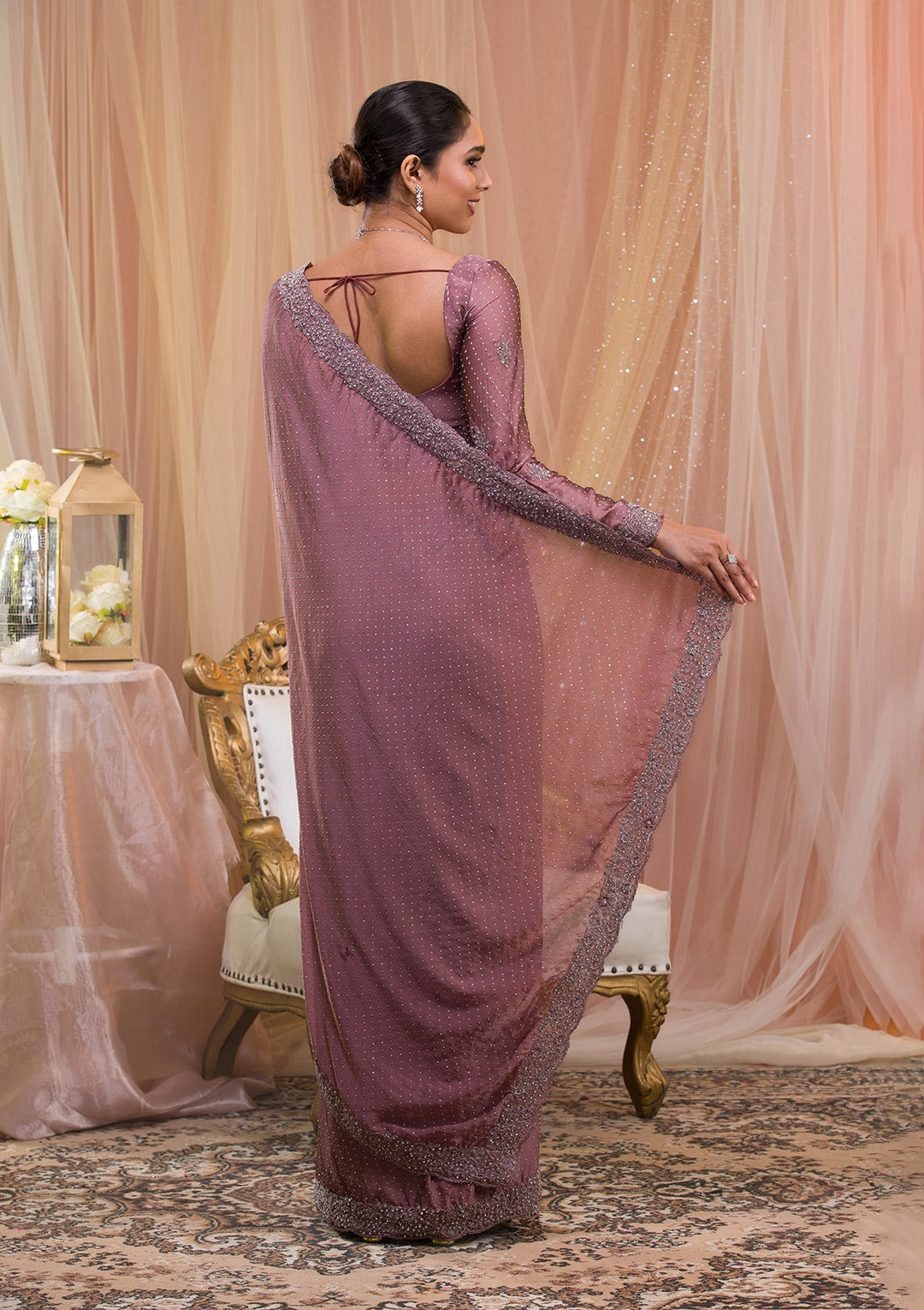 Lavender Silver Stonework Crepe Saree-Koskii