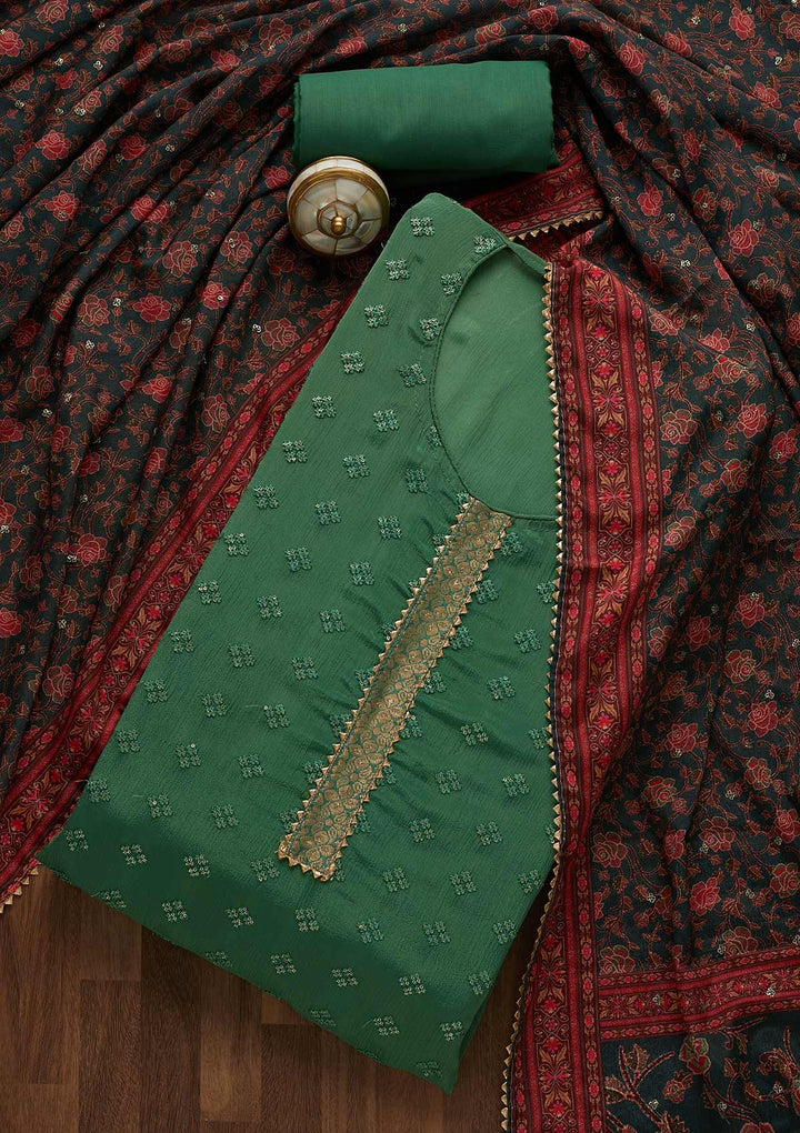 Leaf Green Threadwork Semi Crepe Unstitched Salwar Suit-Koskii