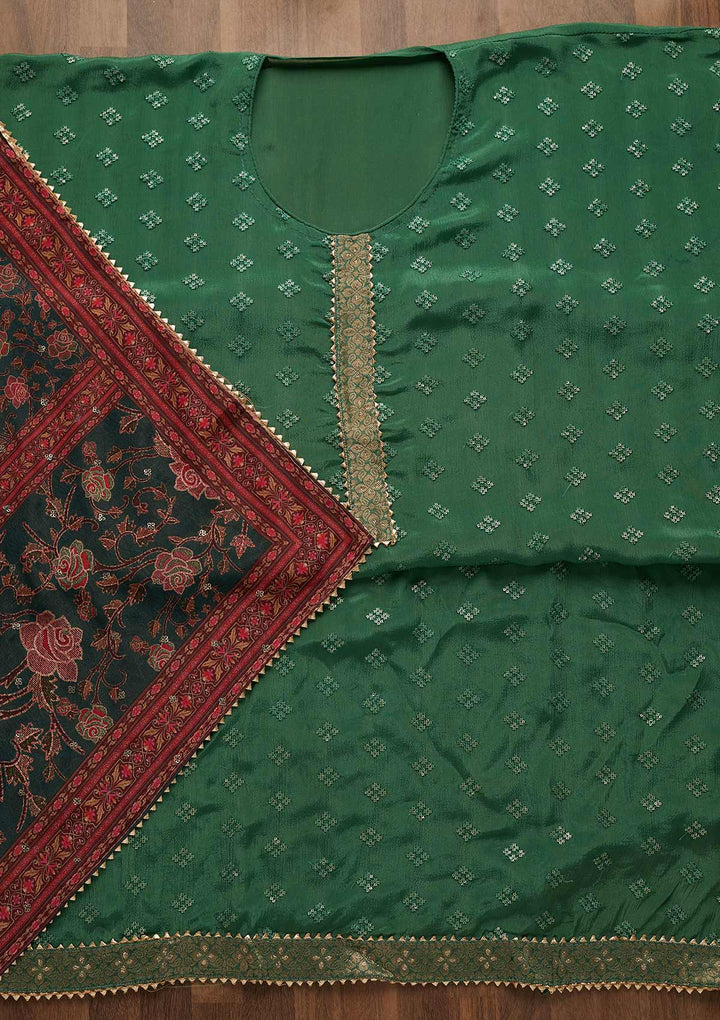 Leaf Green Threadwork Semi Crepe Unstitched Salwar Suit-Koskii