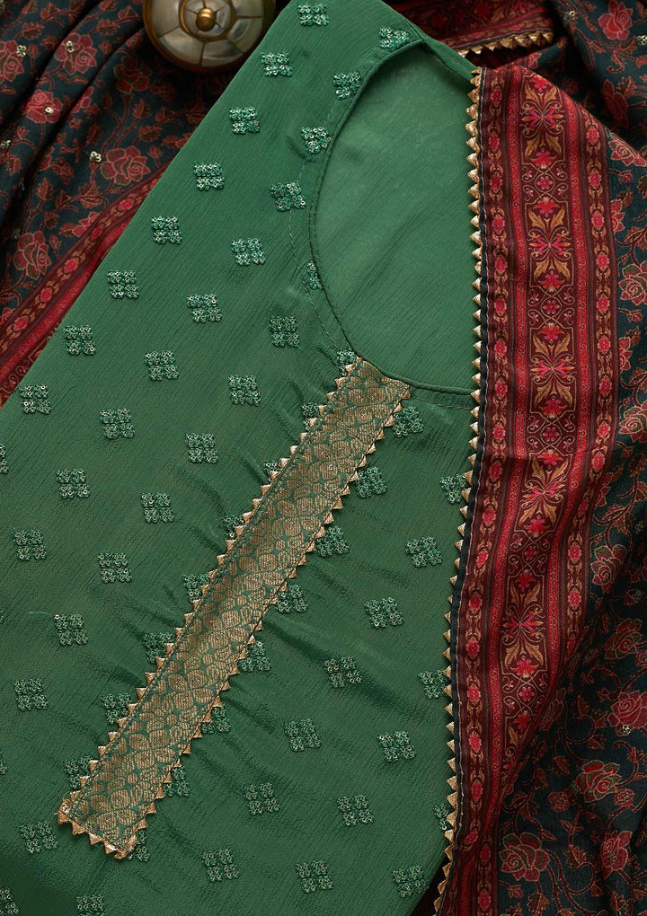 Leaf Green Threadwork Semi Crepe Unstitched Salwar Suit-Koskii