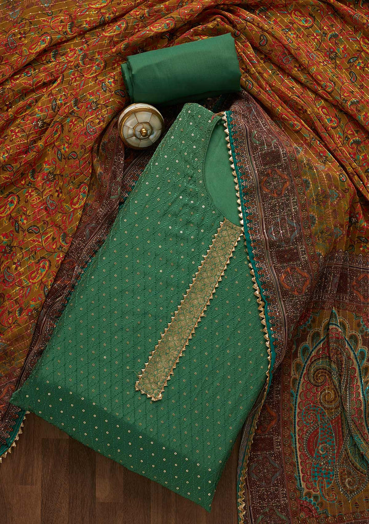 Leaf Green Zariwork Semi Crepe Unstitched Salwar Suit-Koskii