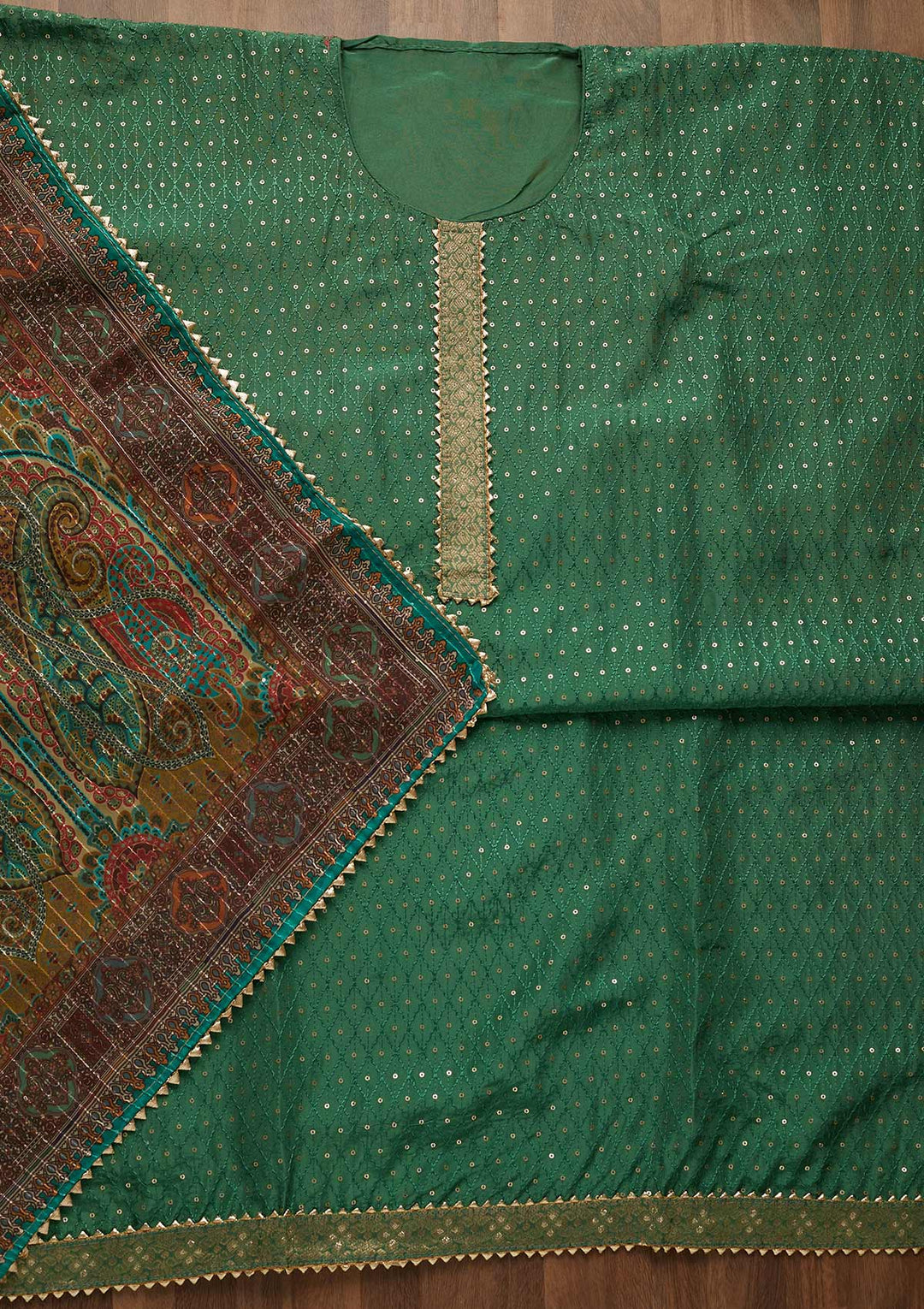 Leaf Green Zariwork Semi Crepe Unstitched Salwar Suit-Koskii