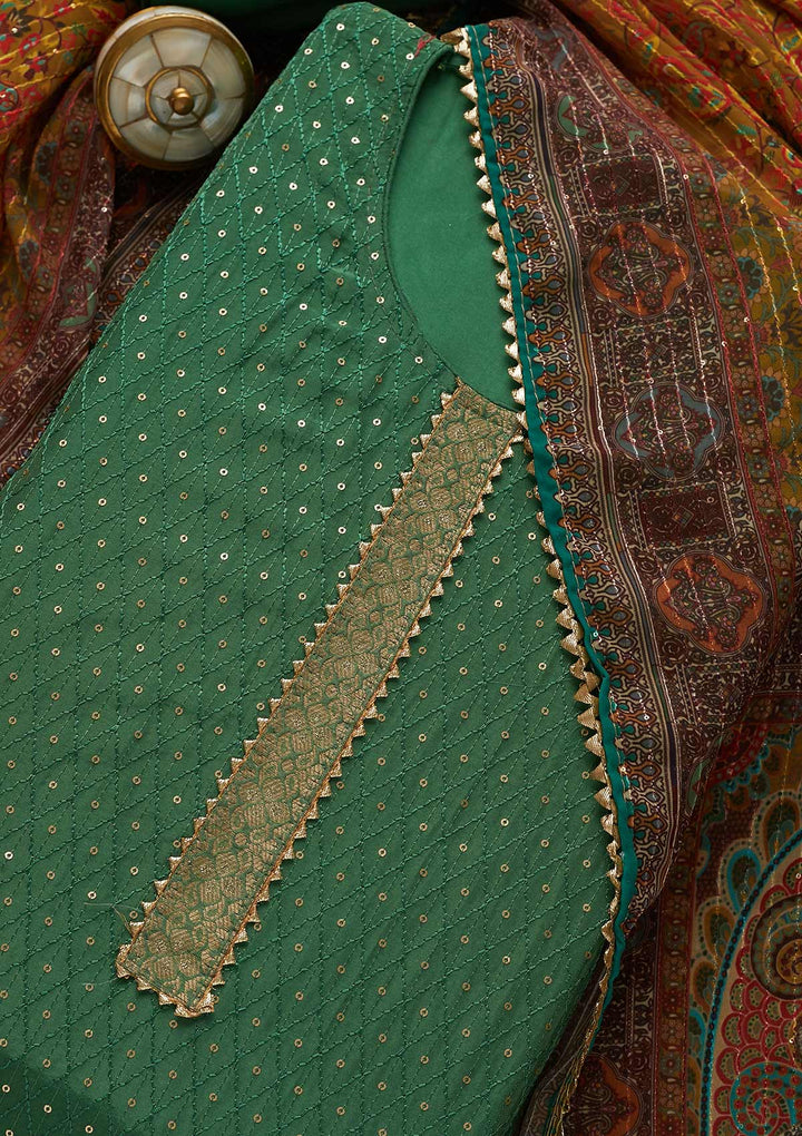 Leaf Green Zariwork Semi Crepe Unstitched Salwar Suit-Koskii