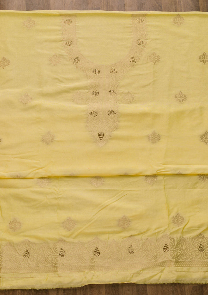 Lemon Yellow Zariwork Cotton Unstitched Salwar Suit-Koskii