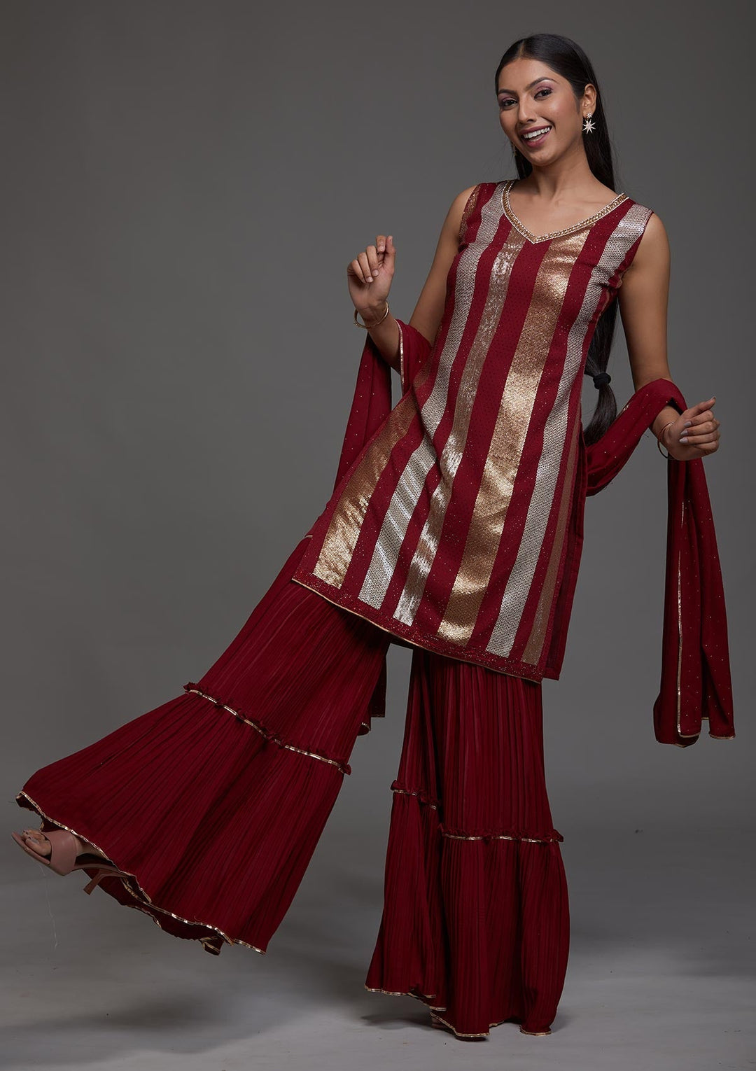 Maroon Sequins Semi Crepe Designer Salwar Suit-Koskii
