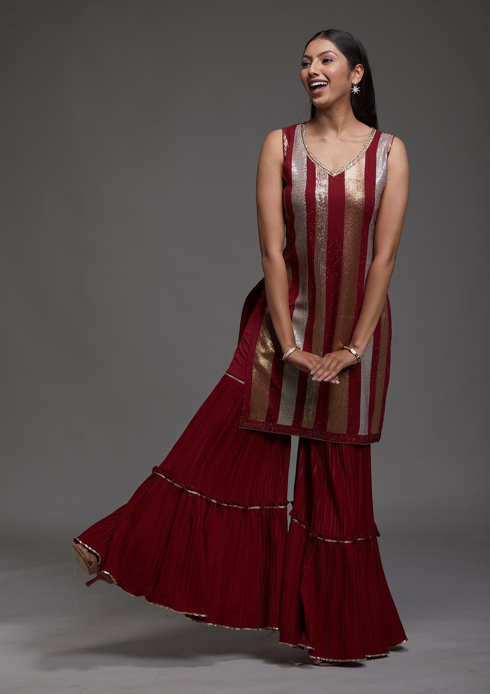 Maroon Sequins Semi Crepe Designer Salwar Suit-Koskii