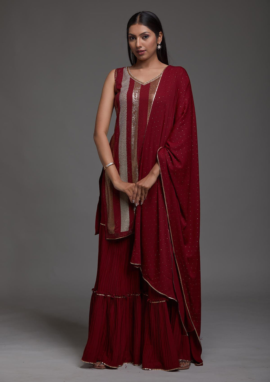 Maroon Sequins Semi Crepe Designer Salwar Suit-Koskii
