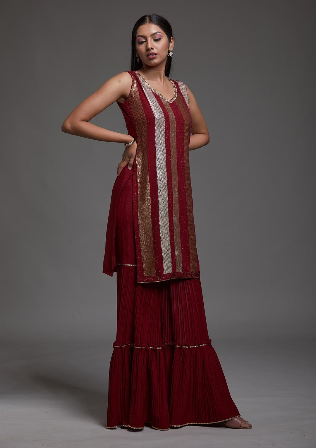 Maroon Sequins Semi Crepe Designer Salwar Suit-Koskii