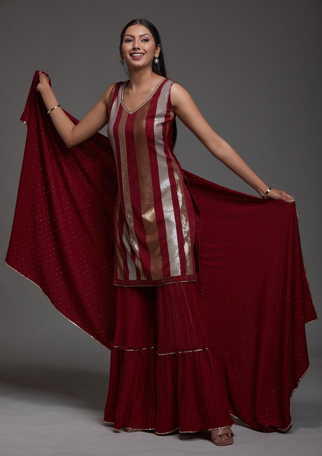 Maroon Sequins Semi Crepe Designer Salwar Suit-Koskii