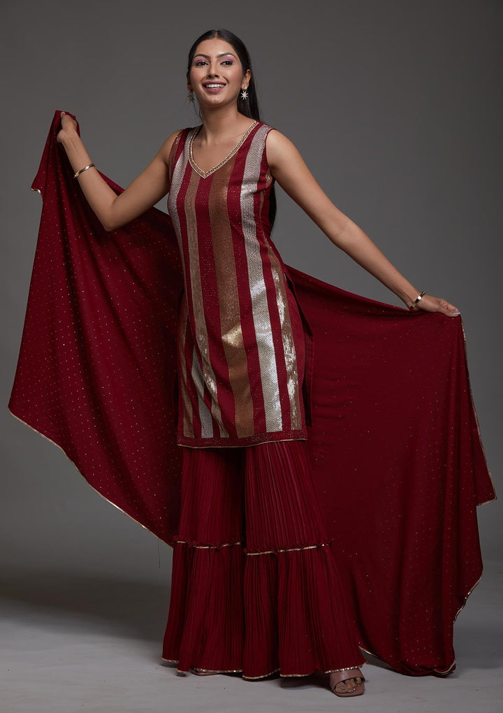 Maroon Sequins Semi Crepe Designer Salwar Suit-Koskii