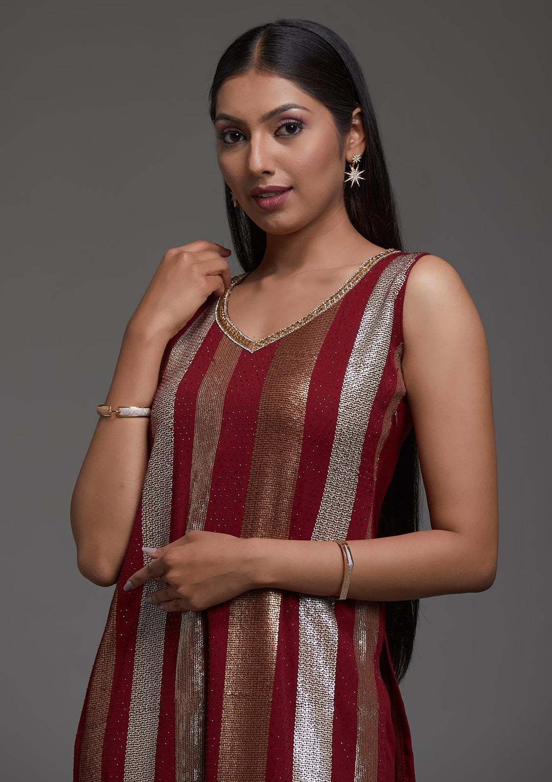 Maroon Sequins Semi Crepe Designer Salwar Suit-Koskii