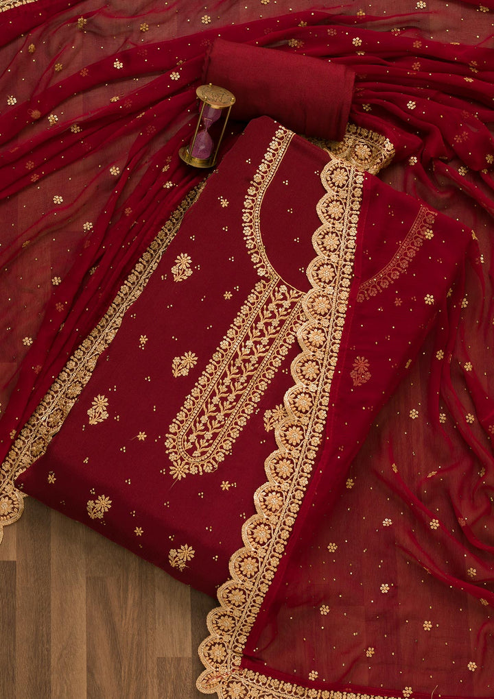 Maroon Threadwork Semi Crepe Unstitched Salwar Kameez-Koskii