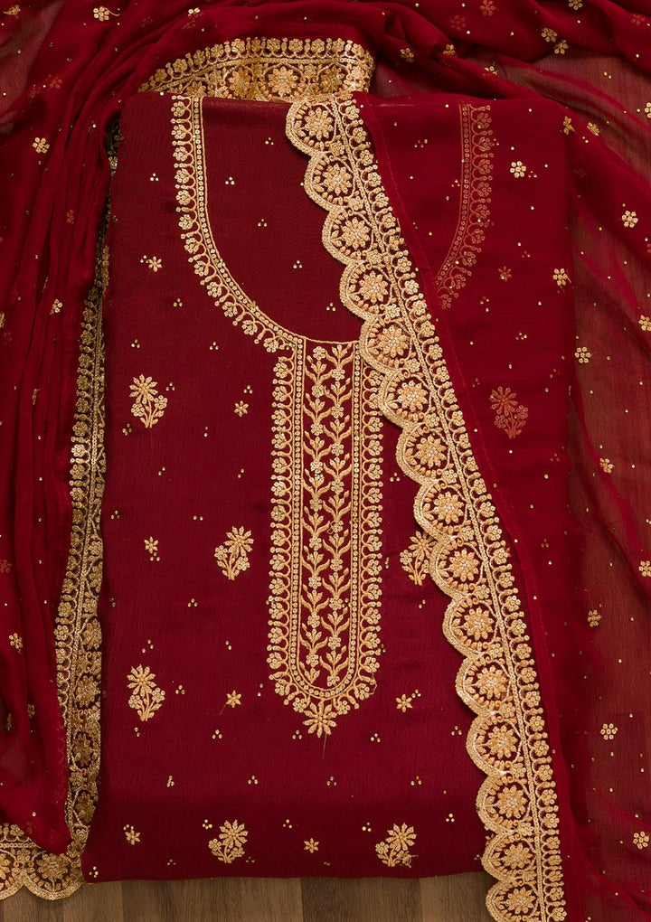 Maroon Threadwork Semi Crepe Unstitched Salwar Kameez-Koskii