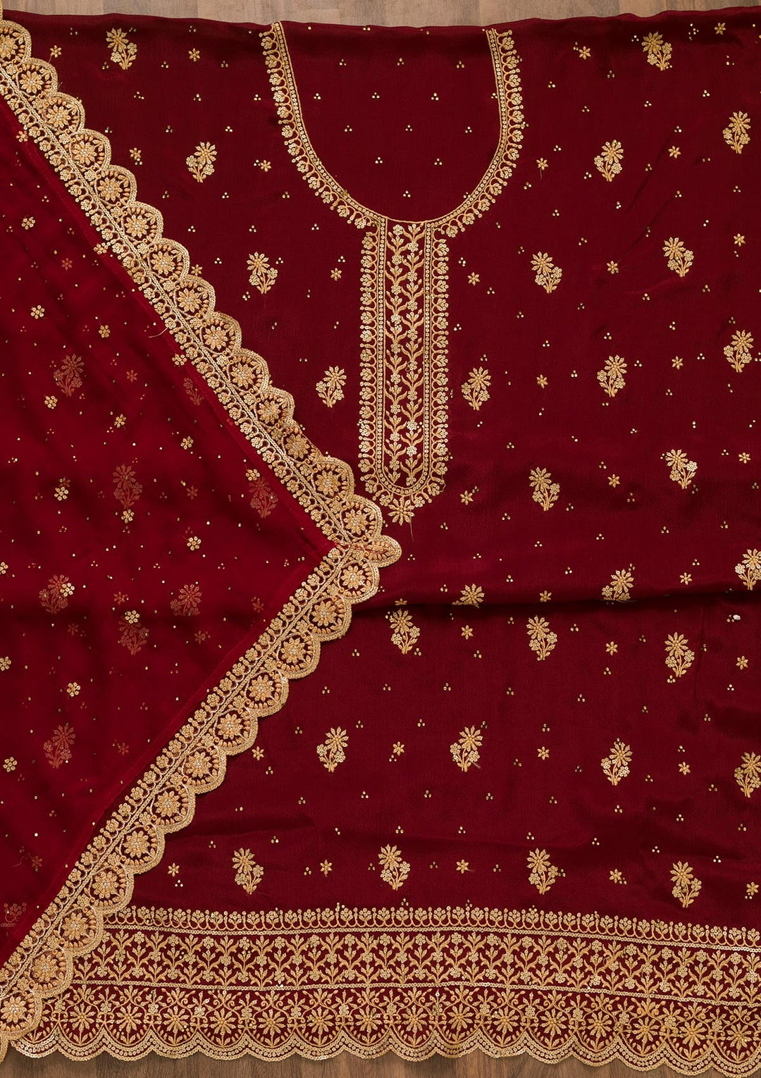 Maroon Threadwork Semi Crepe Unstitched Salwar Kameez-Koskii