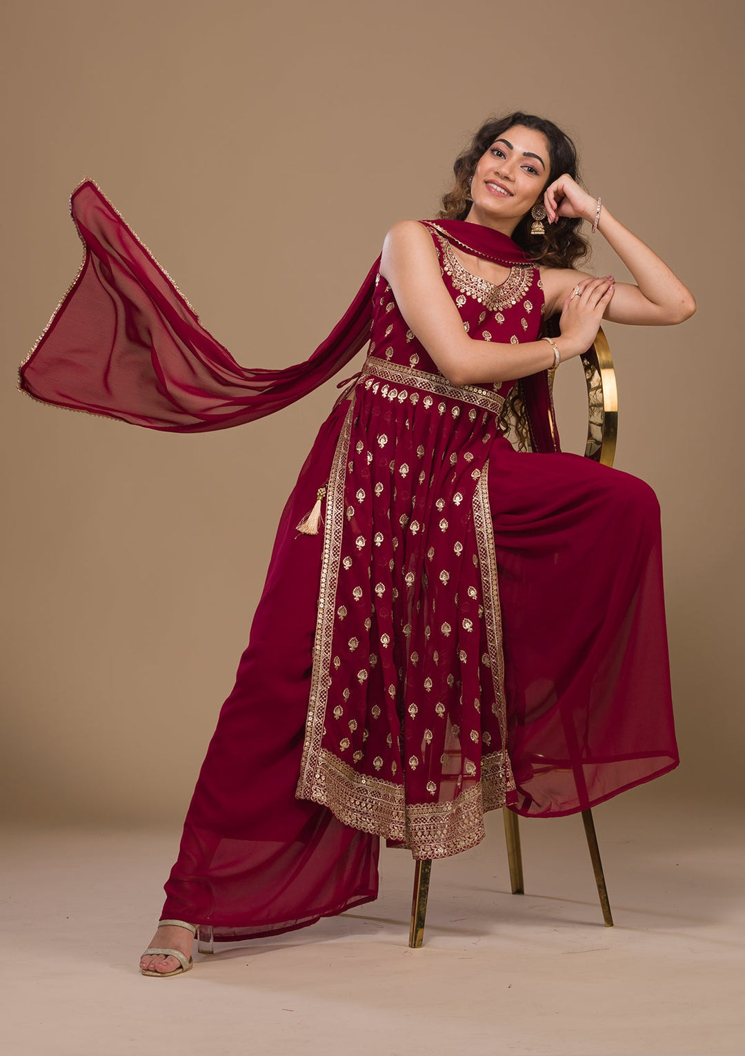 Maroon Zariwork Georgette Readymade Salwar Kameez-Koskii