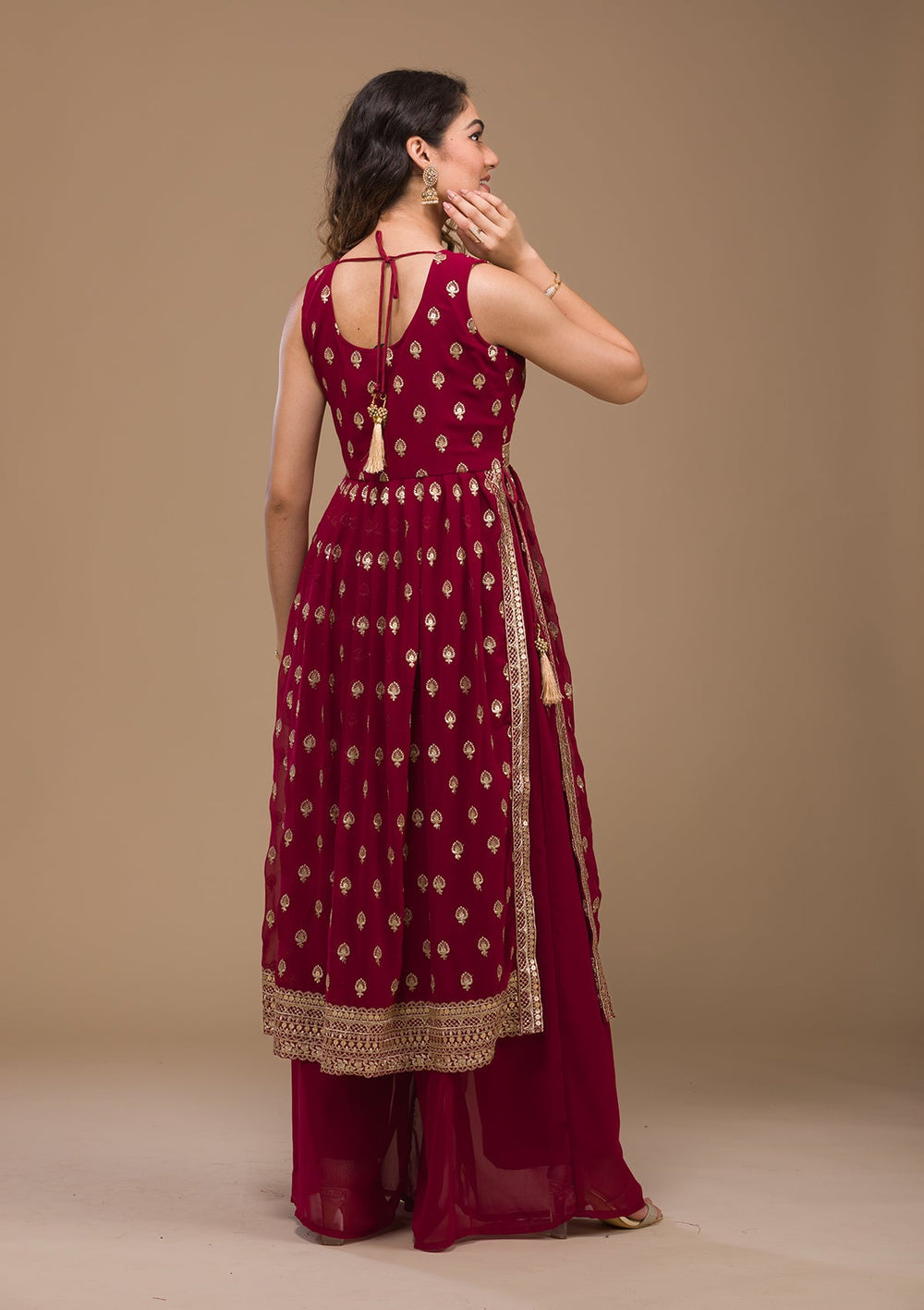 Maroon Zariwork Georgette Readymade Salwar Kameez-Koskii