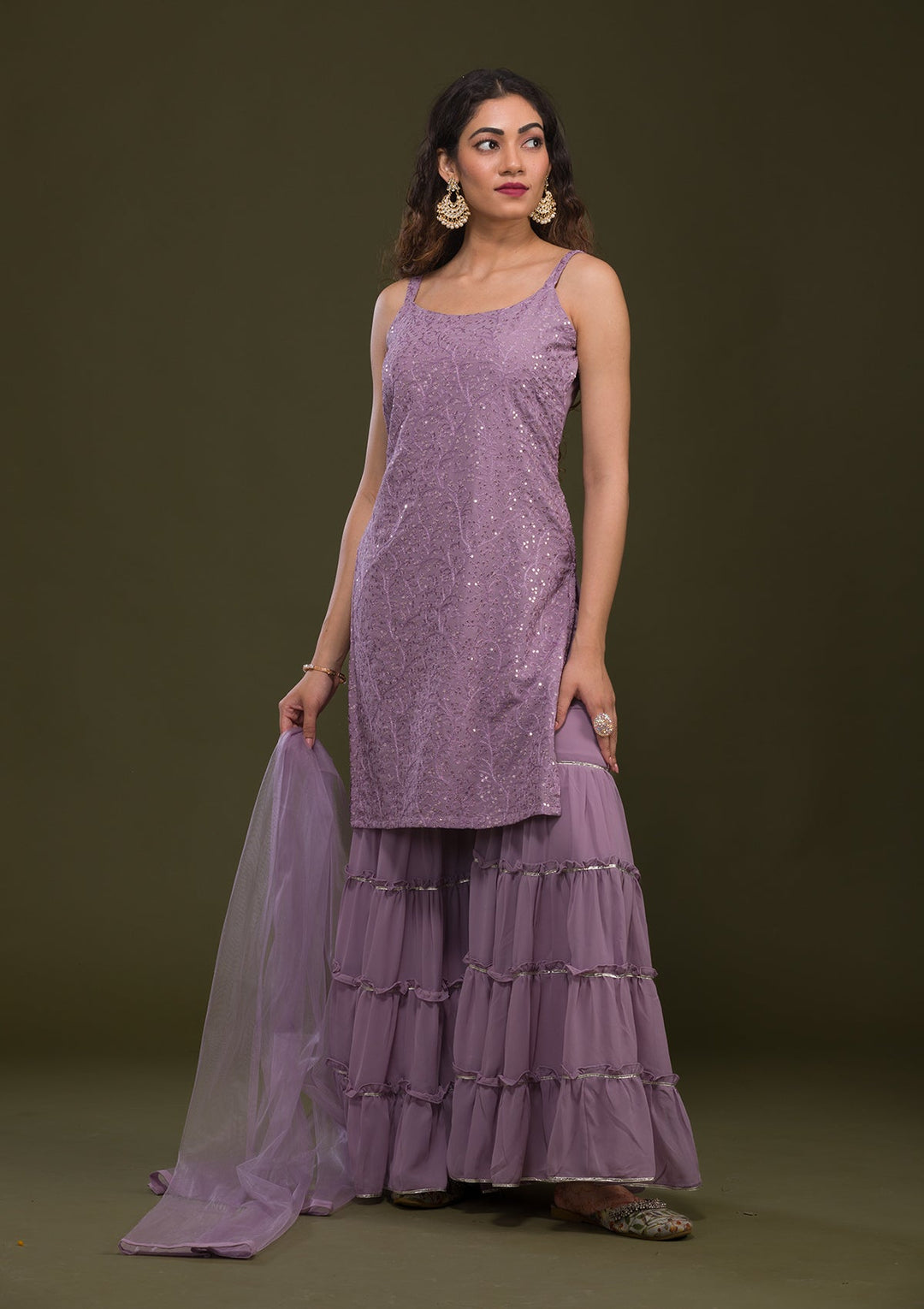 Mauve Threadwork Georgette Readymade Salwar Kameez-Koskii