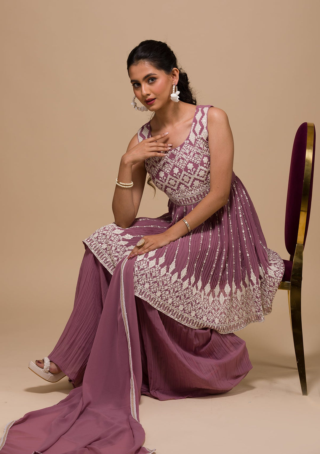 Mauve Threadwork Georgette Readymade Salwar Kameez-Koskii